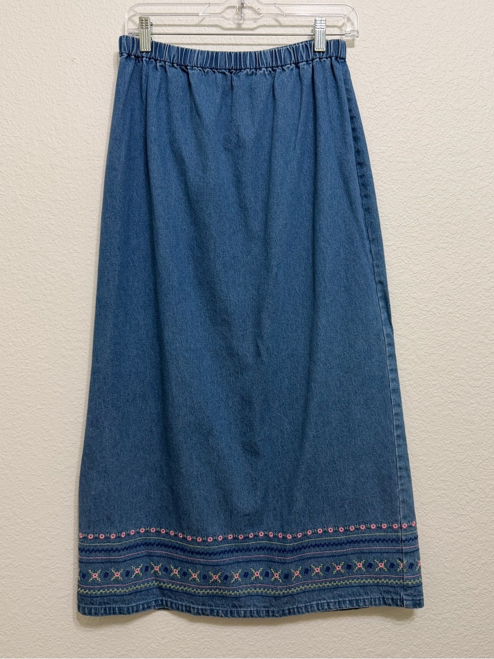 Vintage Embroidered Floral Cottagecore Pull On Midi Denim Skirt Medium